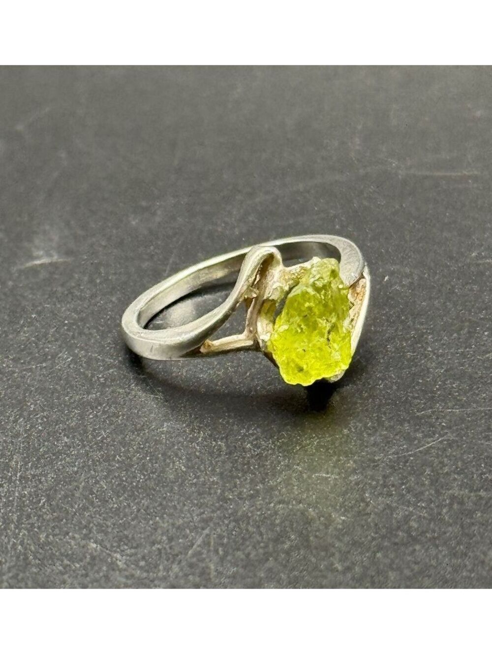 Sterling Silver and Rough Raw Natural Peridot Ring - Size 4.5